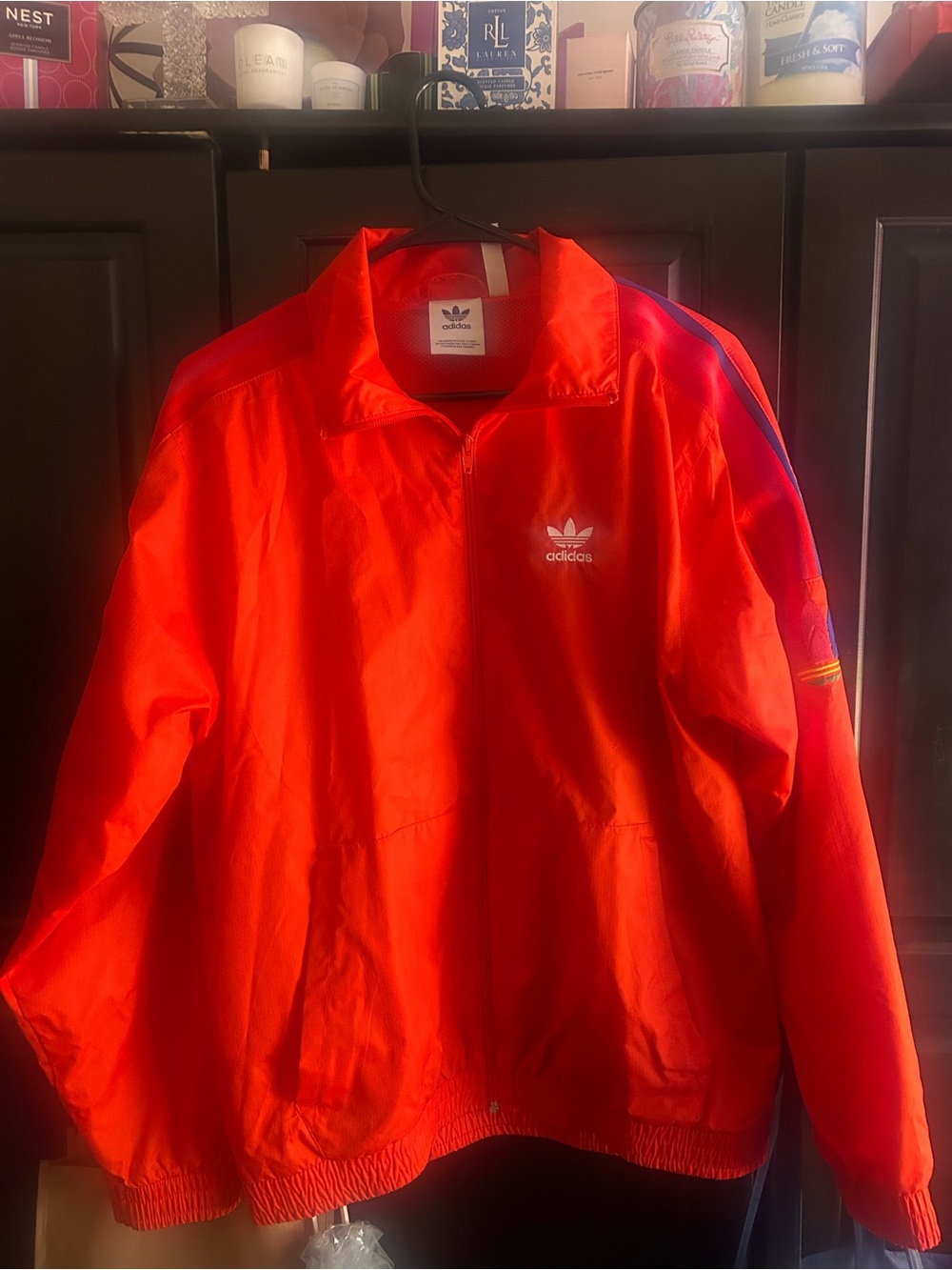 adidas Red Windbreaker Jacket with Blue Stripe
